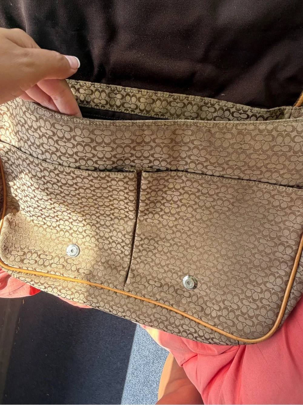 Coach Brown Signature Canvas Messenger with Tan Leather Stripe